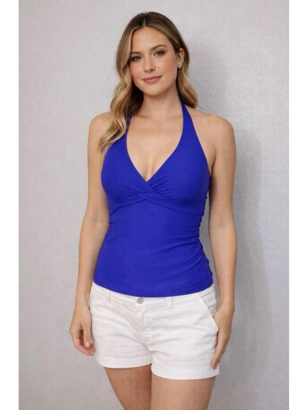 Athleta Tara Halter Tankini Swim Top Blue Underwire Twist Front Swimsuit 36 D/DD